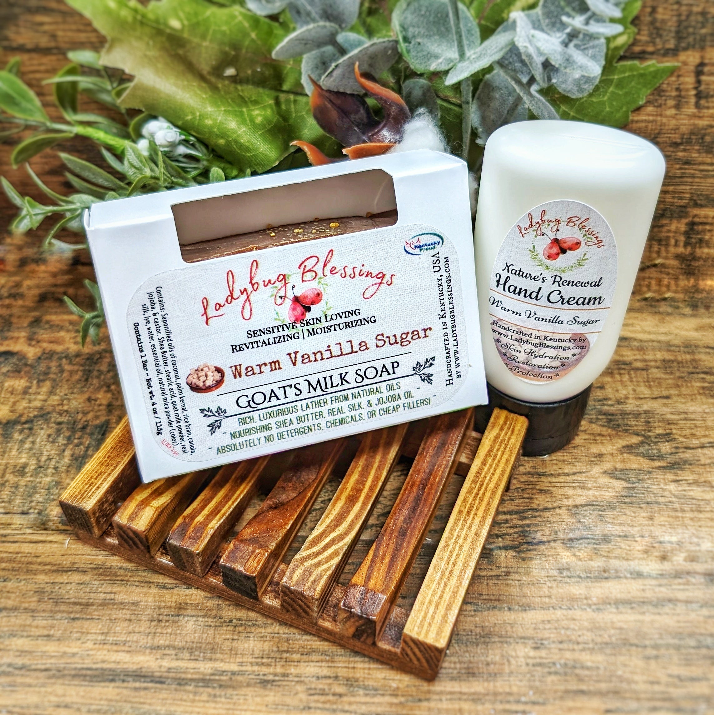 Handcrafted Soap Hand Cream And Wooden Soap Dish Set Ladybug Blessings