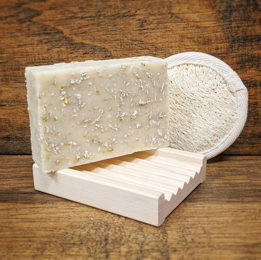 Oatmeal Soap, Wooden Soap Dish, & Facial Scrubber Set