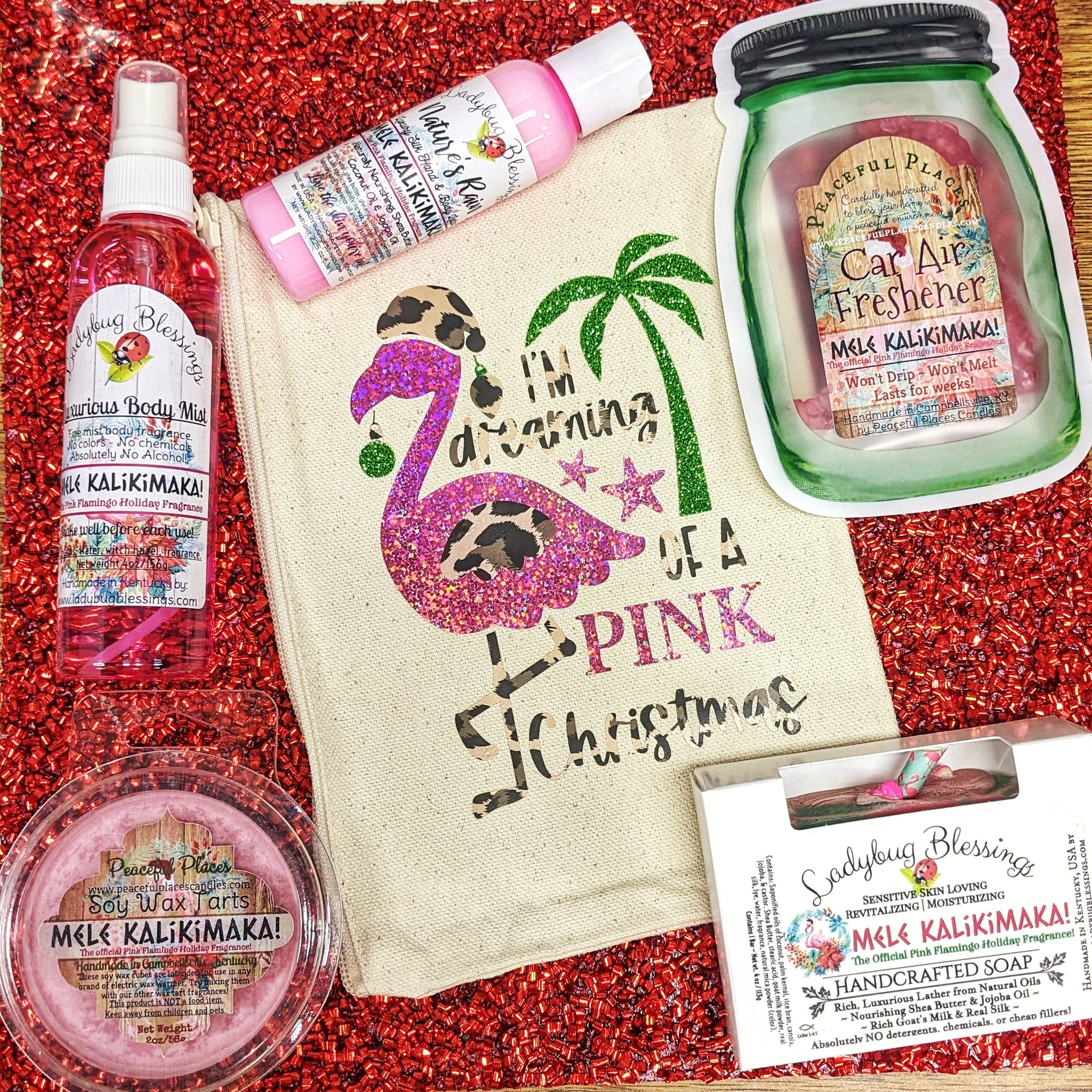 Pink Flamingo Christmas Zipper Pouch Gift Set